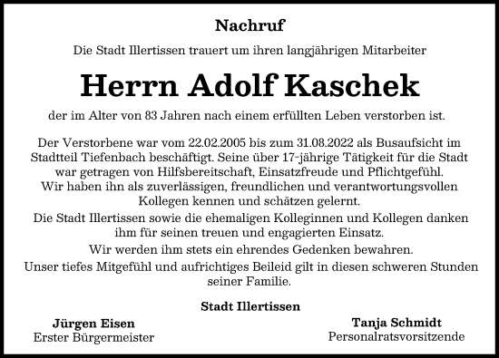 Traueranzeige von Adolf Kaschek von Illertisser Zeitung