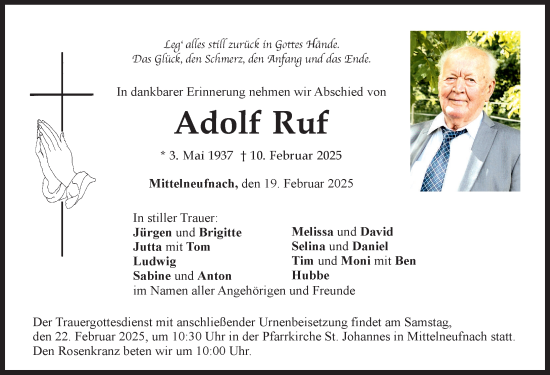 Traueranzeige von Adolf Ruf von Schwabmünchner Allgemeine, Mindelheimer Zeitung
