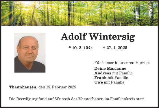 Traueranzeige von Adolf Wintersig von Mittelschwäbische Nachrichten