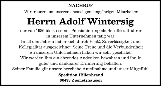 Traueranzeige von Adolf Wintersig von Mittelschwäbische Nachrichten