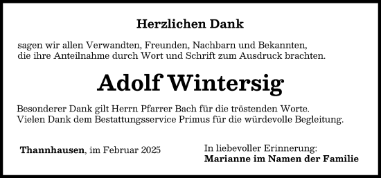 Traueranzeige von Adolf Wintersig von Mittelschwäbische Nachrichten