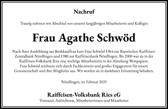Traueranzeige von Agathe Schwöd von Rieser Nachrichten