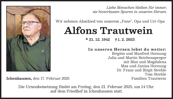 Traueranzeige von Alfons Trautwein von Günzburger Zeitung