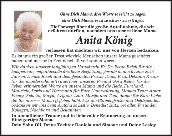 Traueranzeige von Anita König von Augsburger Allgemeine