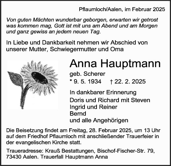 Traueranzeige von Anna Hauptmann von Rieser Nachrichten