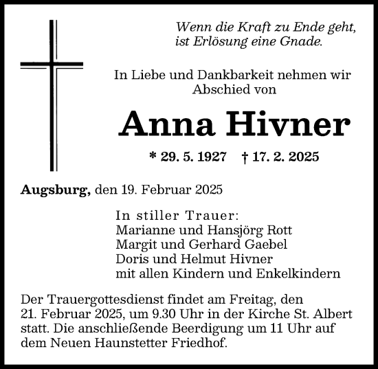 Traueranzeige von Anna Hivner von Augsburger Allgemeine
