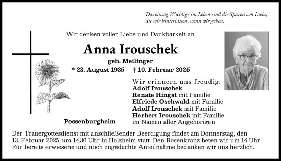Traueranzeige von Anna Irouschek von Donauwörther Zeitung