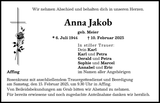 Traueranzeige von Anna Jakob von Augsburg-Land, Aichacher Nachrichten