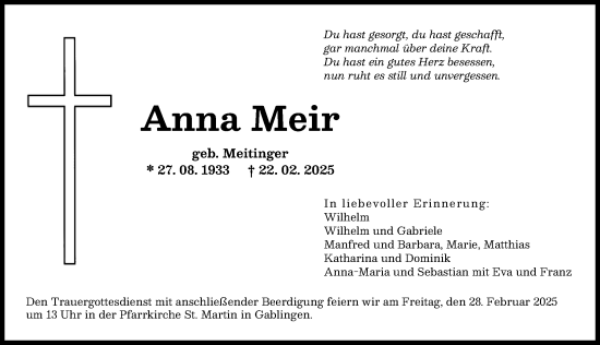 Traueranzeige von Anna Meir von Augsburger Allgemeine