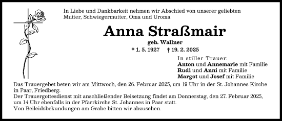 Traueranzeige von Anna Straßmair von Friedberger Allgemeine