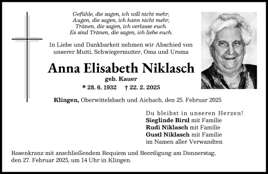 Traueranzeige von Anna Elisabeth Niklasch von Aichacher Nachrichten