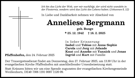 Traueranzeige von Anneliese Bergmann von Neu-Ulmer Zeitung