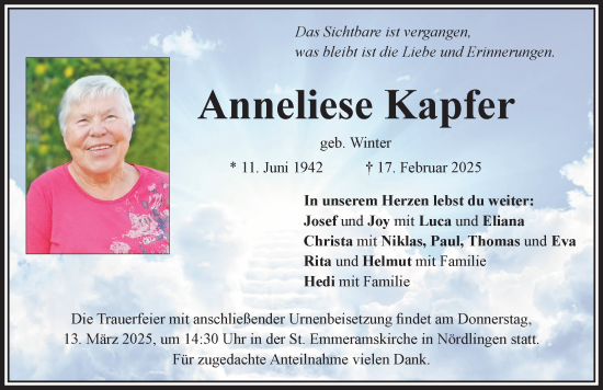 Traueranzeige von Anneliese Kapfer von Rieser Nachrichten