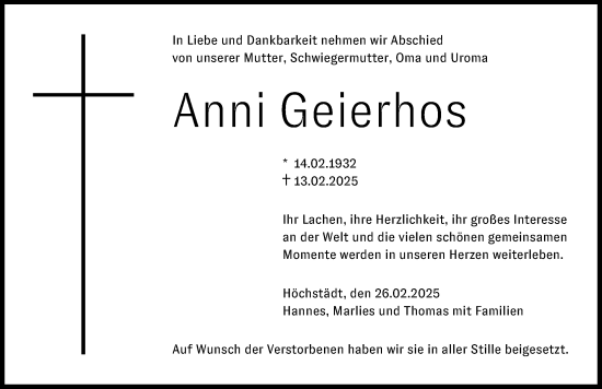 Traueranzeige von Anni Geierhos von Donau Zeitung