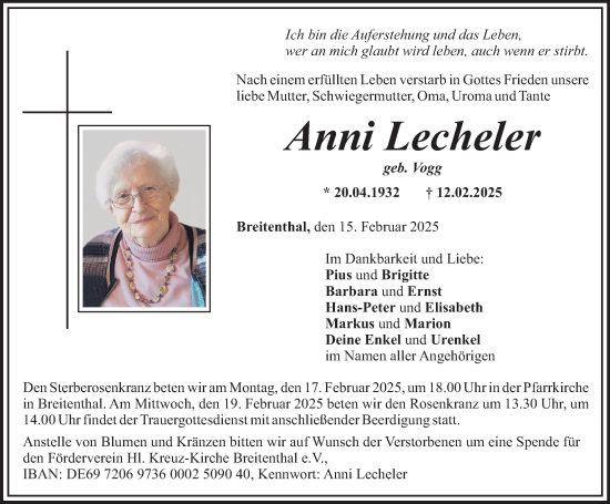 Traueranzeige von Anni Lecheler von Illertisser Zeitung, Mittelschwäbische Nachrichten