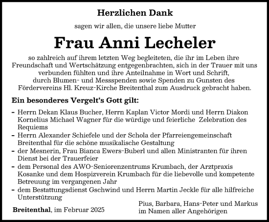 Traueranzeige von Anni Lecheler von Illertisser Zeitung, Mittelschwäbische Nachrichten