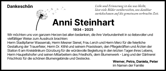 Traueranzeige von Anni Steinhart von Günzburger Zeitung
