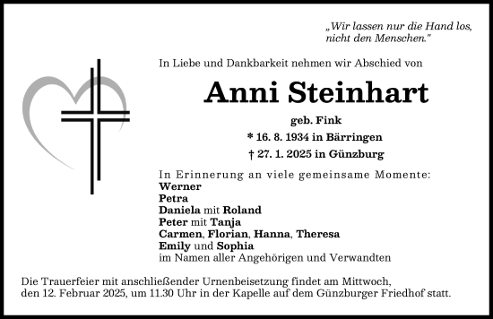 Traueranzeige von Anni Steinhart von Günzburger Zeitung