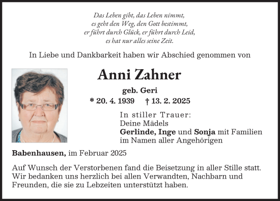 Traueranzeige von Anni Zahner von Illertisser Zeitung
