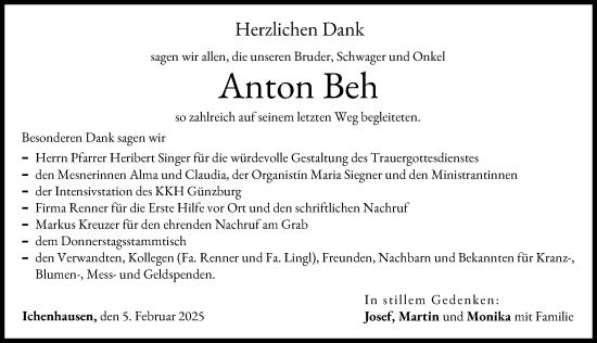 Traueranzeige von Anton Beh von Günzburger Zeitung