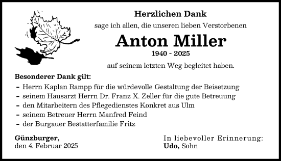 Traueranzeige von Anton Miller von Günzburger Zeitung