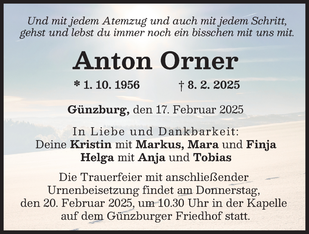  Traueranzeige für Anton Orner vom 17.02.2025 aus Günzburger Zeitung