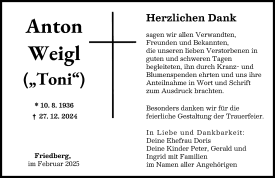 Traueranzeige von Anton Weigl von Friedberger Allgemeine, Augsburger Allgemeine