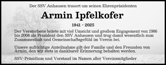 Traueranzeige von Armin Ipfelkofer von Augsburg-Land