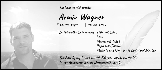 Traueranzeige von Armin Wagner von Donauwörther Zeitung