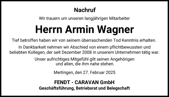 Traueranzeige von Armin Wagner von Donauwörther Zeitung
