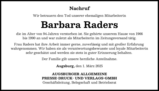 Traueranzeige von Barbara Raders von Augsburger Allgemeine