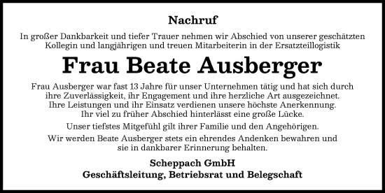 Traueranzeige von Beate Ausberger von Neu-Ulmer Zeitung