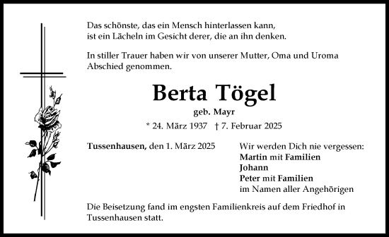 Traueranzeige von Berta Tögel von Mindelheimer Zeitung