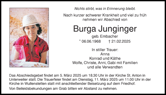 Traueranzeige von Burga Junginger von Augsburger Allgemeine, Neu-Ulmer Zeitung