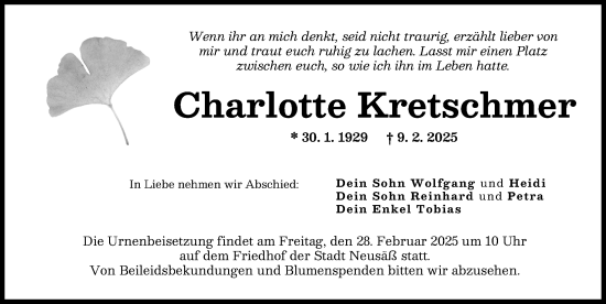 Traueranzeige von Charlotte Kretschmer von Augsburg-Land