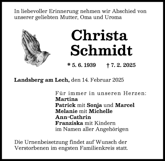 Traueranzeige von Christa Schmidt von Landsberger Tagblatt