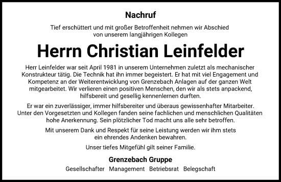 Traueranzeige von Christian Leinfelder von Donauwörther Zeitung