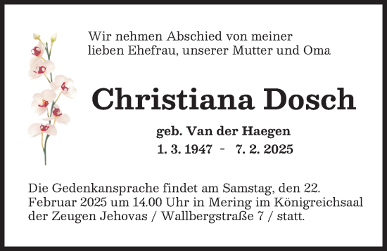 Traueranzeige von Christiana Dosch von Friedberger Allgemeine