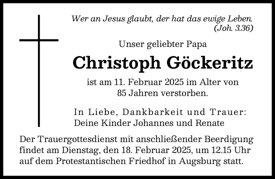 Traueranzeige von Christoph Göckeritz von Augsburger Allgemeine