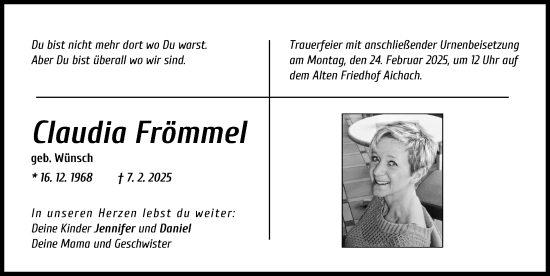 Traueranzeige von Claudia Frömmel von Aichacher Nachrichten