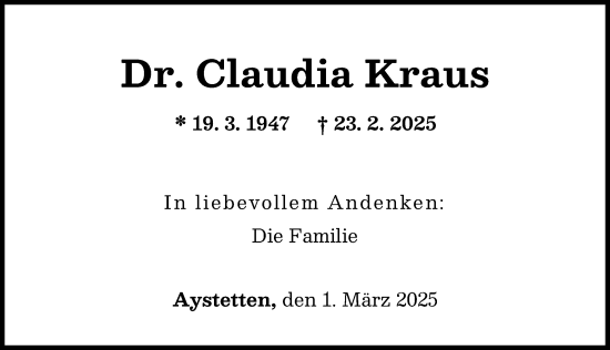 Traueranzeige von Claudia Kraus von Augsburger Allgemeine
