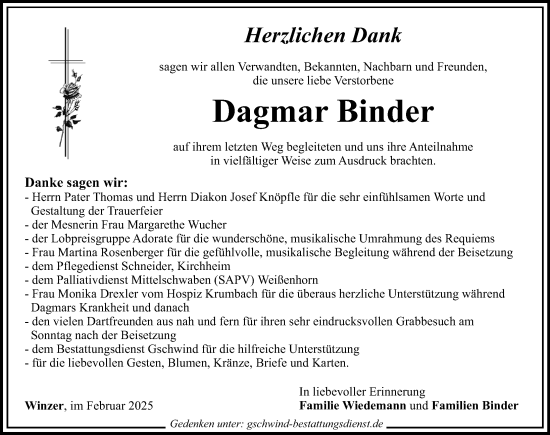 Traueranzeige von Dagmar Binder von Mindelheimer Zeitung, Mittelschwäbische Nachrichten