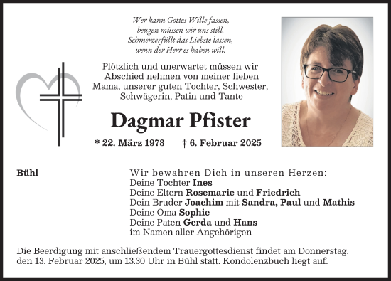 Traueranzeige von Dagmar Pfister von Rieser Nachrichten