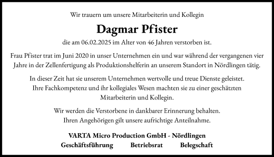 Traueranzeige von Dagmar Pfister von Rieser Nachrichten