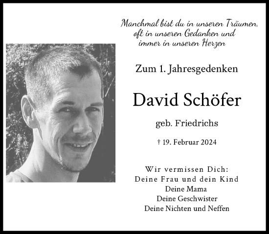 Traueranzeige von David Schöfer von Rieser Nachrichten