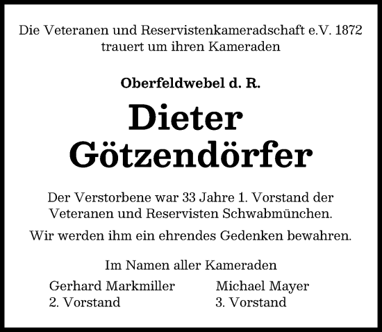 Traueranzeige von Dieter Götzendörfer von Schwabmünchner Allgemeine