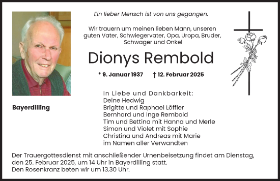 Traueranzeige von Dionys Rembold von Donauwörther Zeitung, Neuburger Rundschau