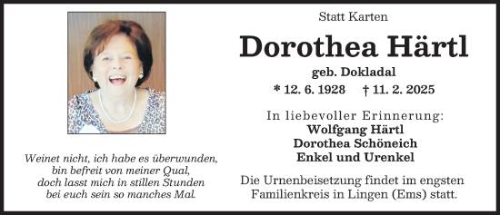 Traueranzeige von Dorothea Härtl von Donauwörther Zeitung