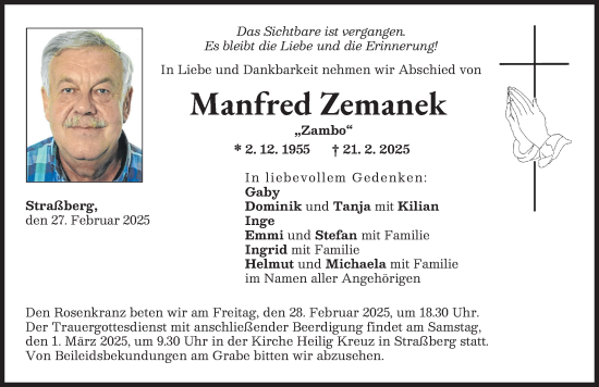 Traueranzeige von Manfred Zemanek  von Schwabmünchner Allgemeine