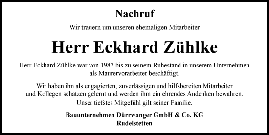 Traueranzeige von Eckhard Zühlke von Rieser Nachrichten